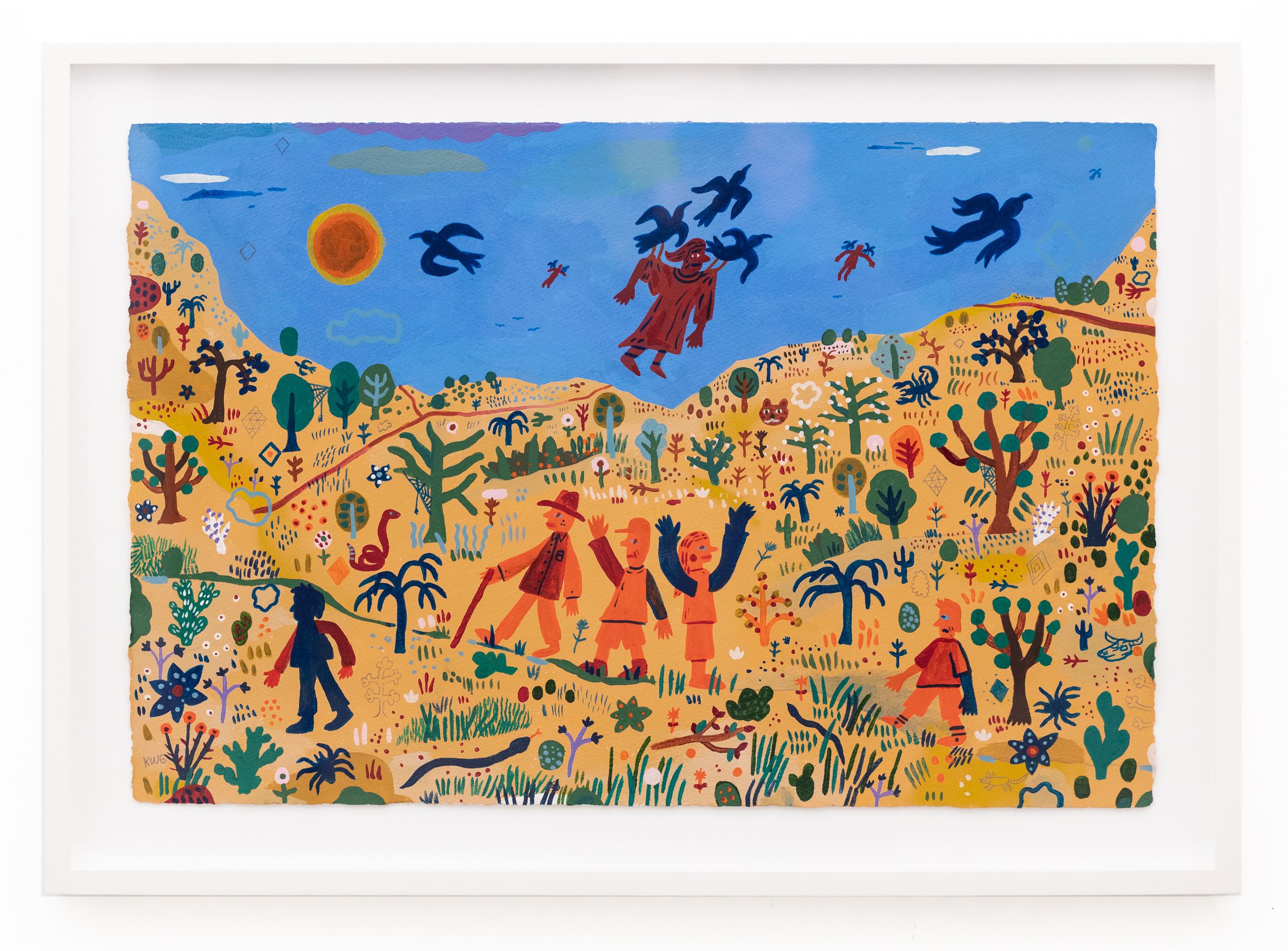 Keith Warren Greiman Figurative Painting – "In the Air" Bunte illustrative Landschaft mit Pflanzen, Vögeln und Figuren