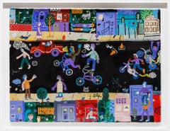 "Is This Paradise?" Colorful Cityscape, illustration, bikes, cars, figures, tree