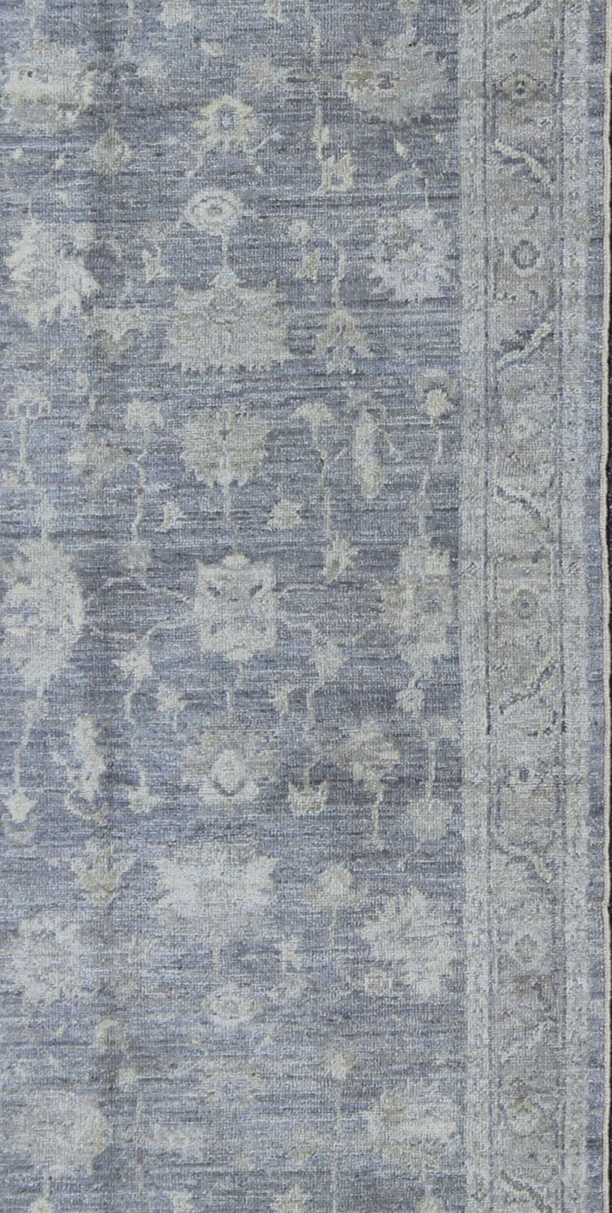 Turkish Keivan Woven Arts Angora Oushak Gallery Rug in Gray and Silver   4' x 13' For Sale