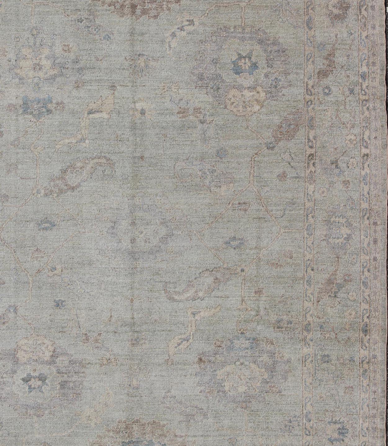 Wool Keivan Woven Arts Angora Oushak Turkish Rug in Shades of Light Blue and Cream For Sale