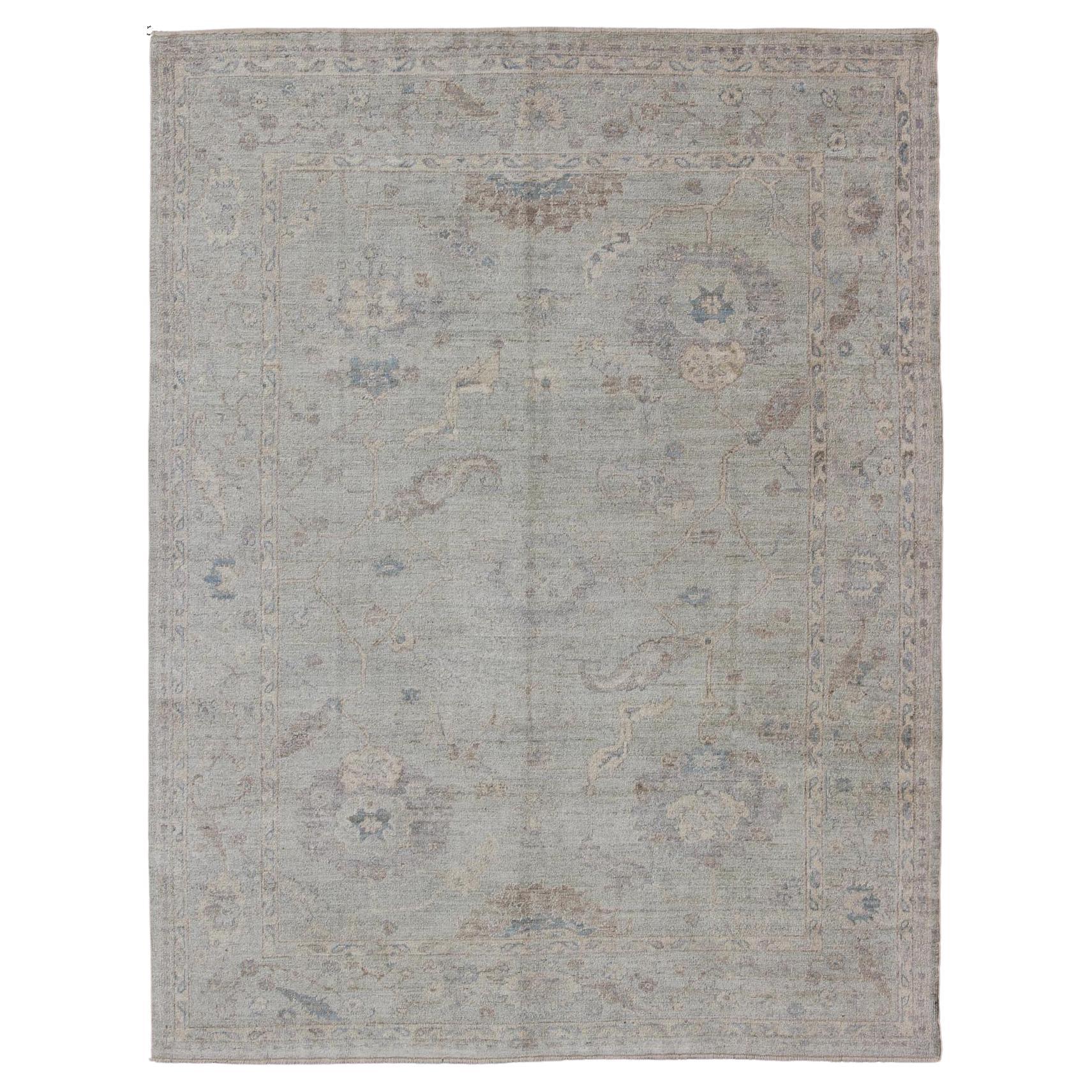 Keivan Woven Arts Angora Oushak Turkish Rug in Shades of Light Blue and Cream For Sale