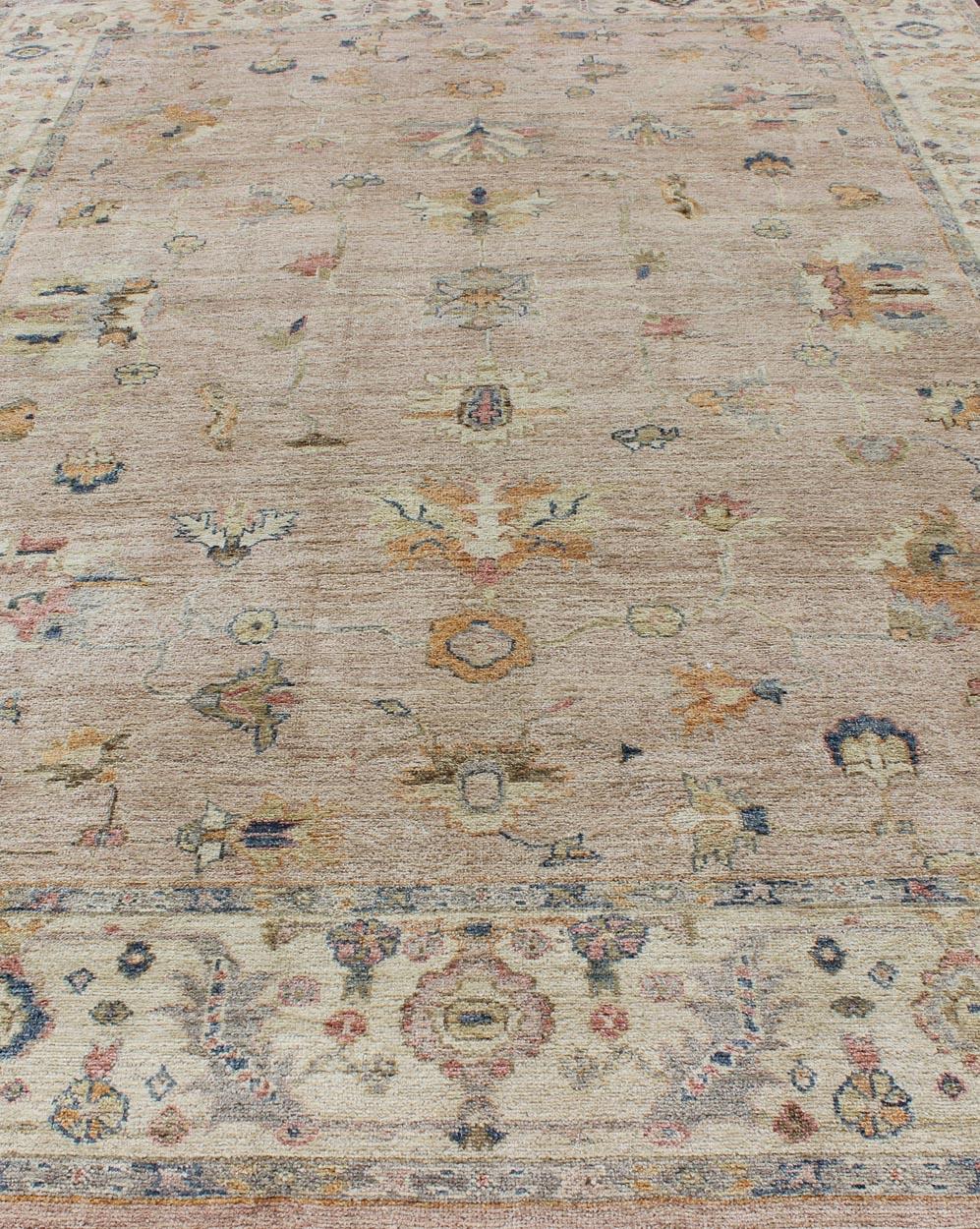 Hand-Knotted Keivan Woven Arts Angora Turkish Oushak Rug in Dusty Pink and Ivory 10'3 x 13'9 For Sale