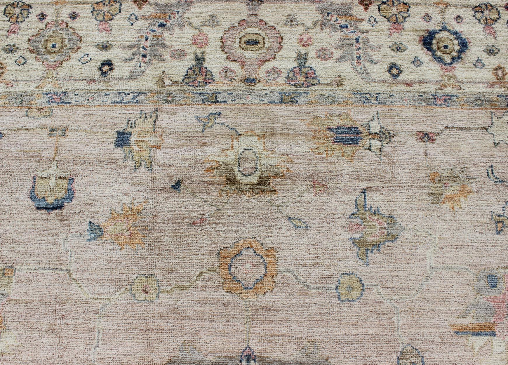 Wool Keivan Woven Arts Angora Turkish Oushak Rug in Dusty Pink and Ivory 10'3 x 13'9 For Sale