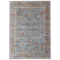 Keivan Woven Arts Angora Türkischer Oushak Teppich in Hellblau, Silber