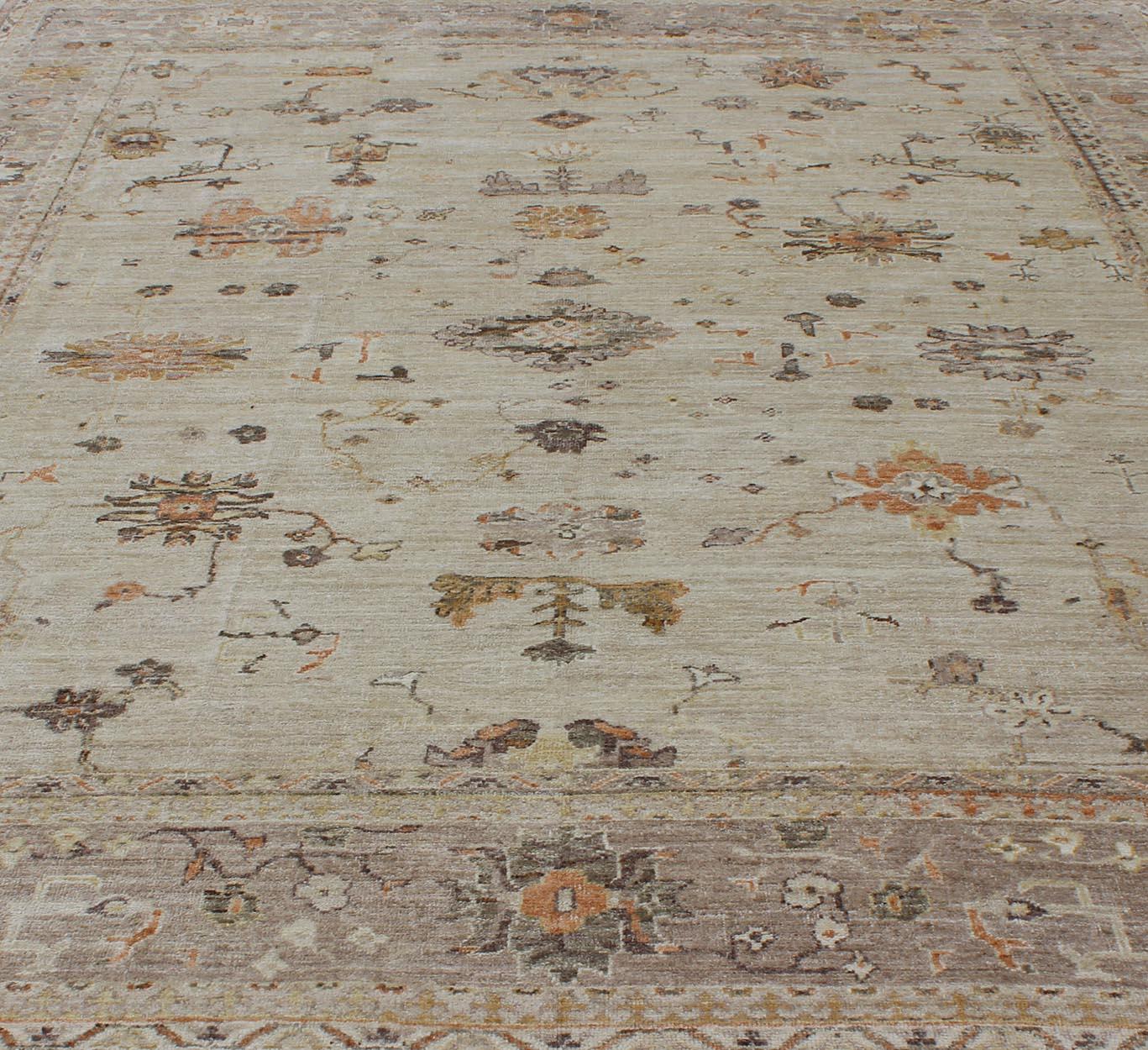 Hand-Knotted Keivan Woven Arts Angora Turkish Oushak Rug in Neutral Tones   11' 6 x 14 '9 For Sale