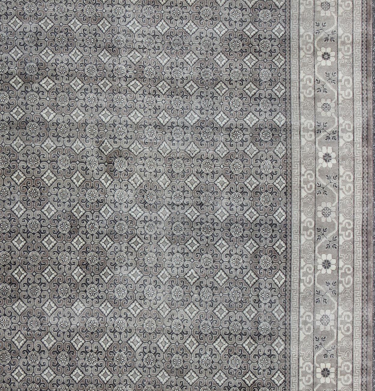 Indian Keivan Woven Arts Fine Weave Khotan Design Rug in Gray  For Sale