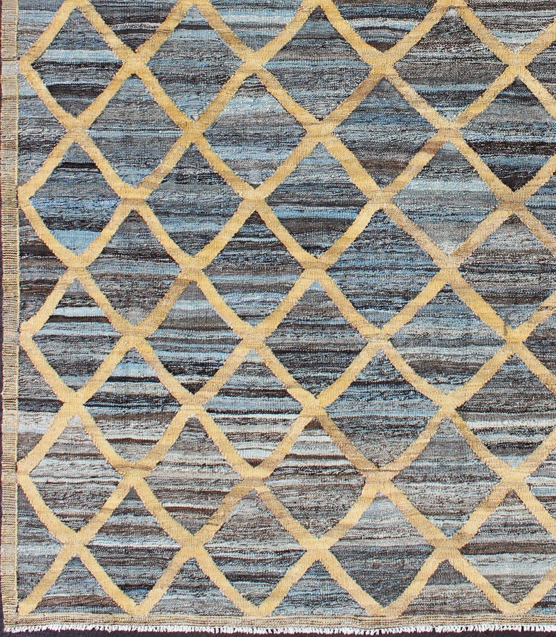 Keivan Woven Arts Flat-Weave Kilim in Diamond Gold Design With Blue and Charcoal For Sale 3