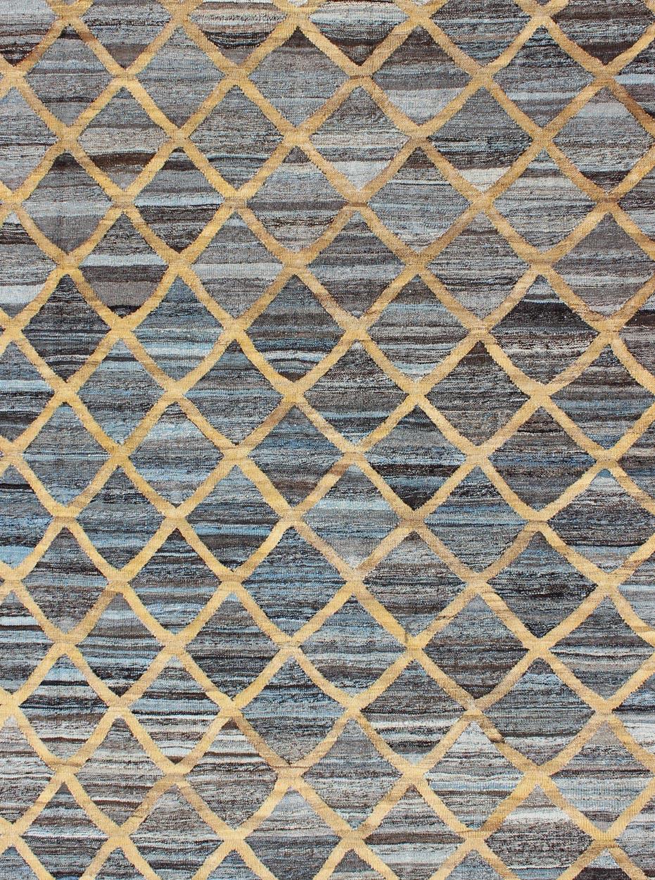 Keivan Woven Arts Flat-Weave Kilim in Diamond Gold Design With Blue and Charcoal For Sale 4