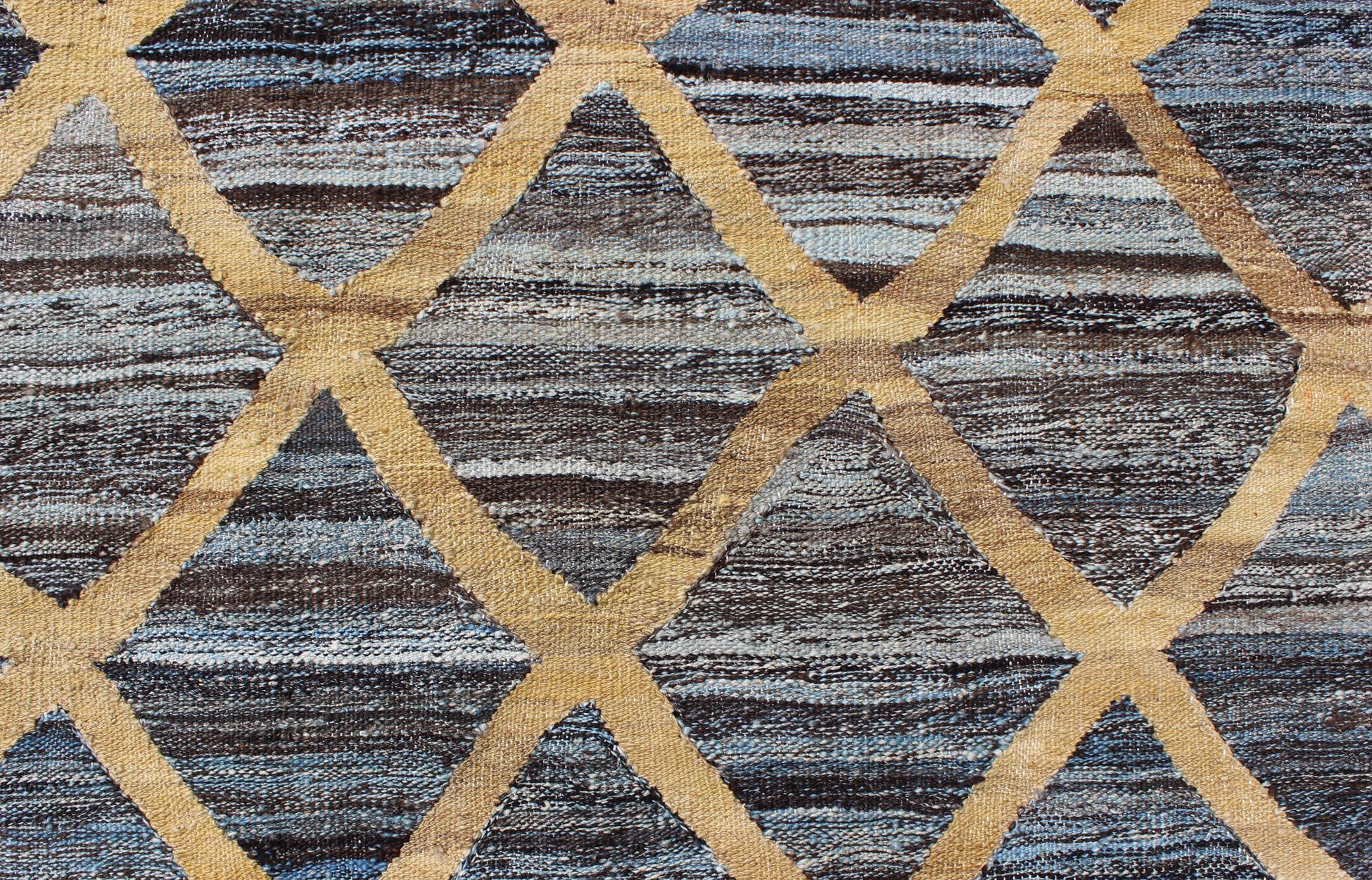 Contemporary Keivan Woven Arts Flat-Weave Kilim in Diamond Gold Design With Blue and Charcoal For Sale