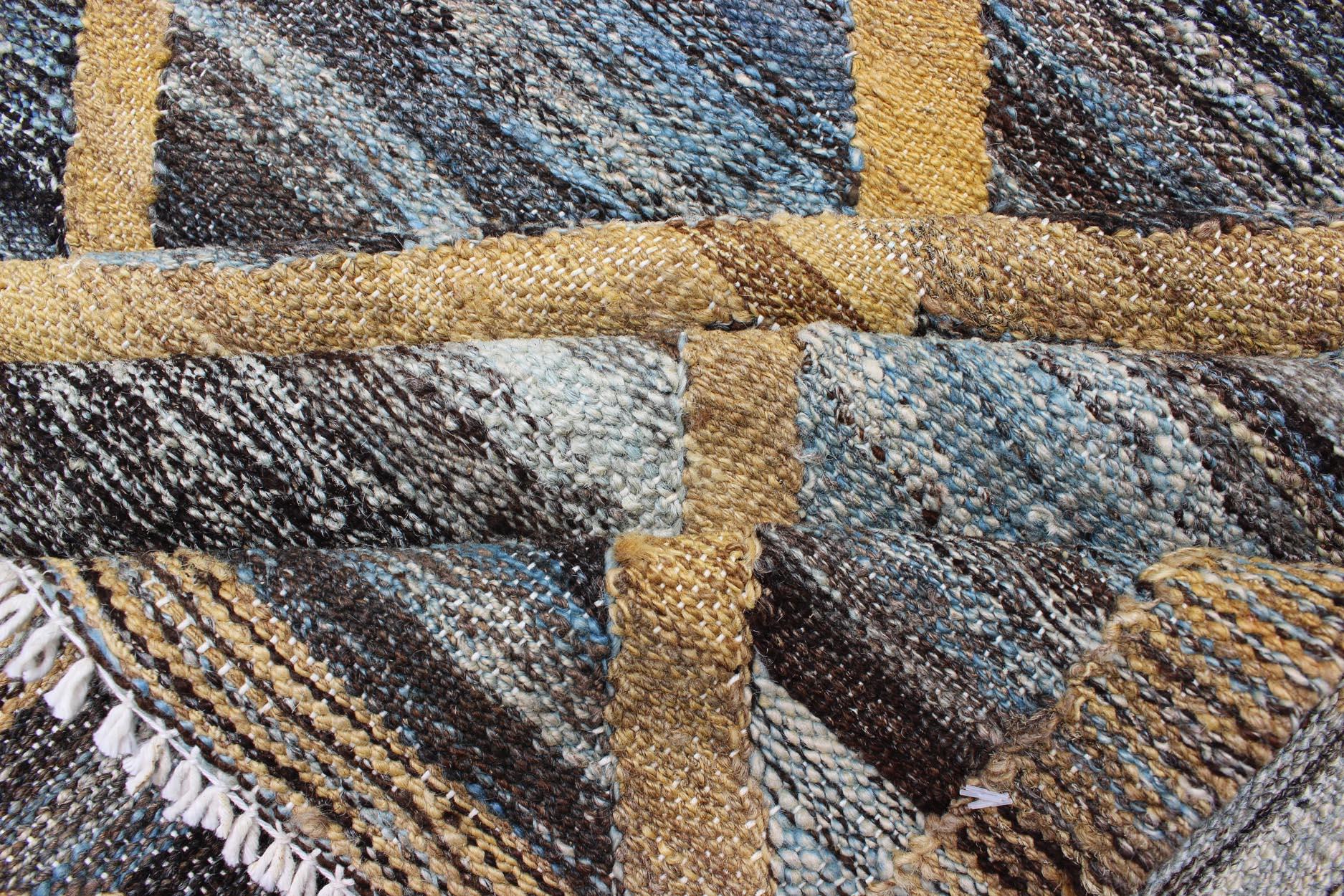 Wool Keivan Woven Arts Flat-Weave Kilim in Diamond Gold Design With Blue and Charcoal For Sale