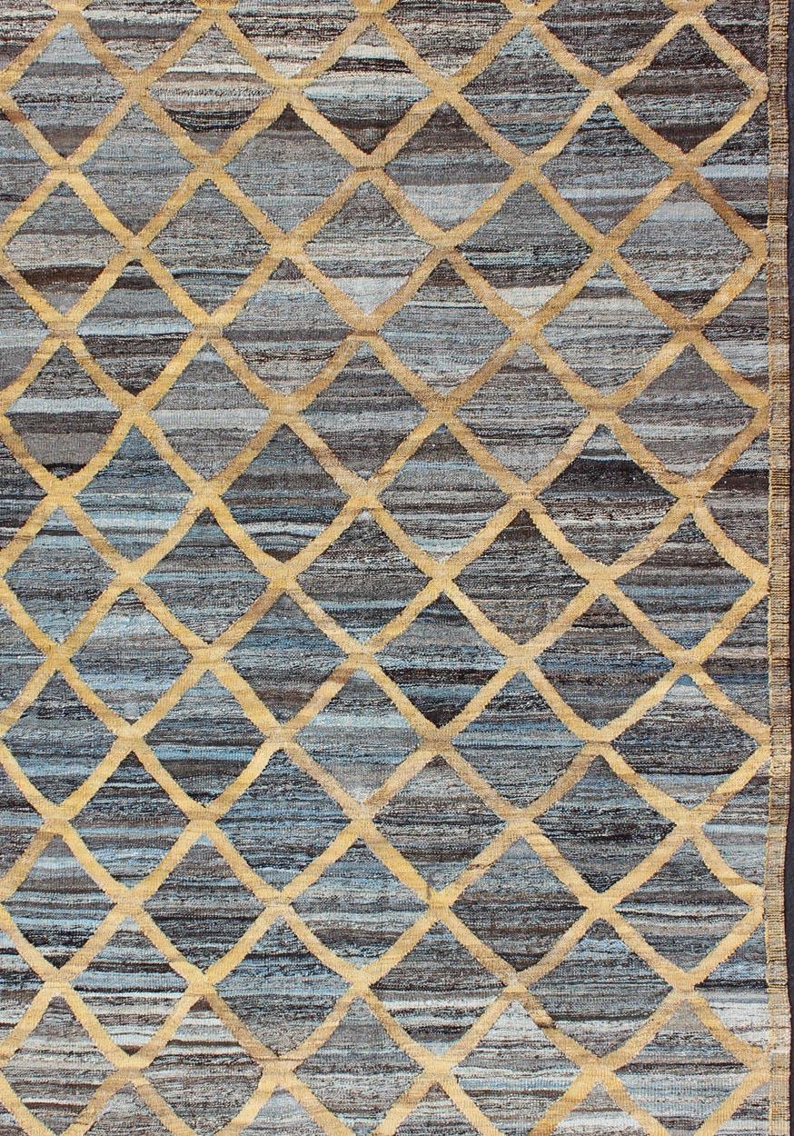 Keivan Woven Arts Flat-Weave Kilim in Diamond Gold Design With Blue and Charcoal For Sale 1