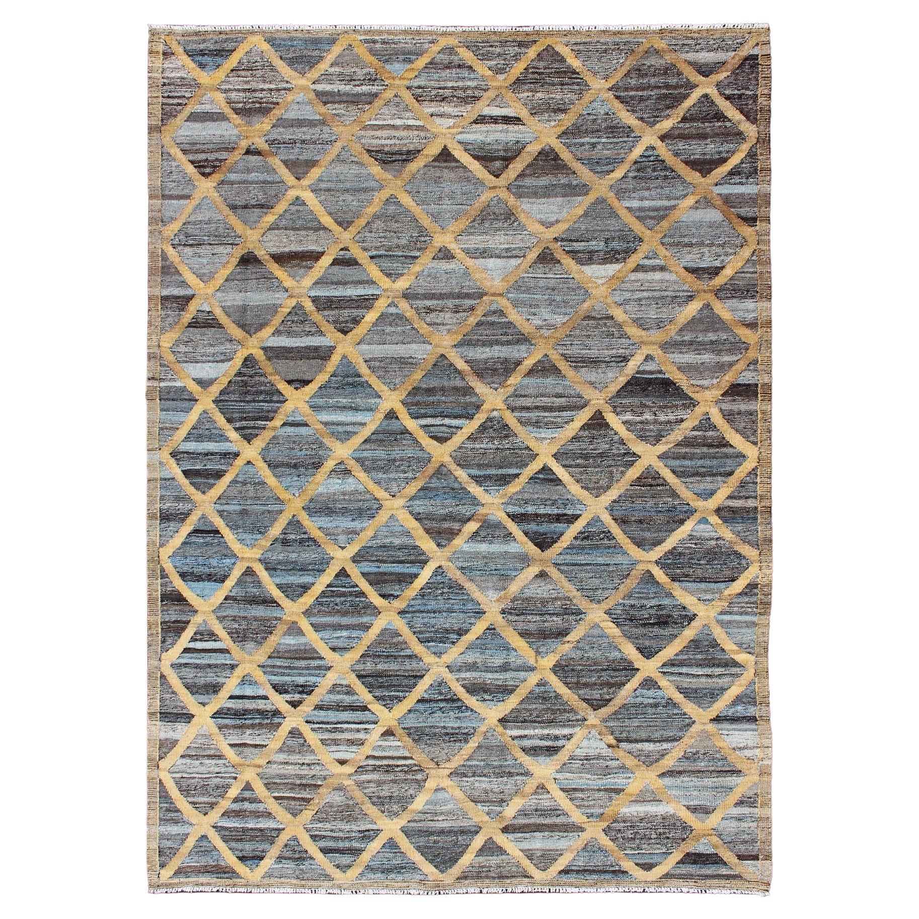 Keivan Woven Arts Flat-Weave Kilim in Diamond Gold Design With Blue and Charcoal For Sale