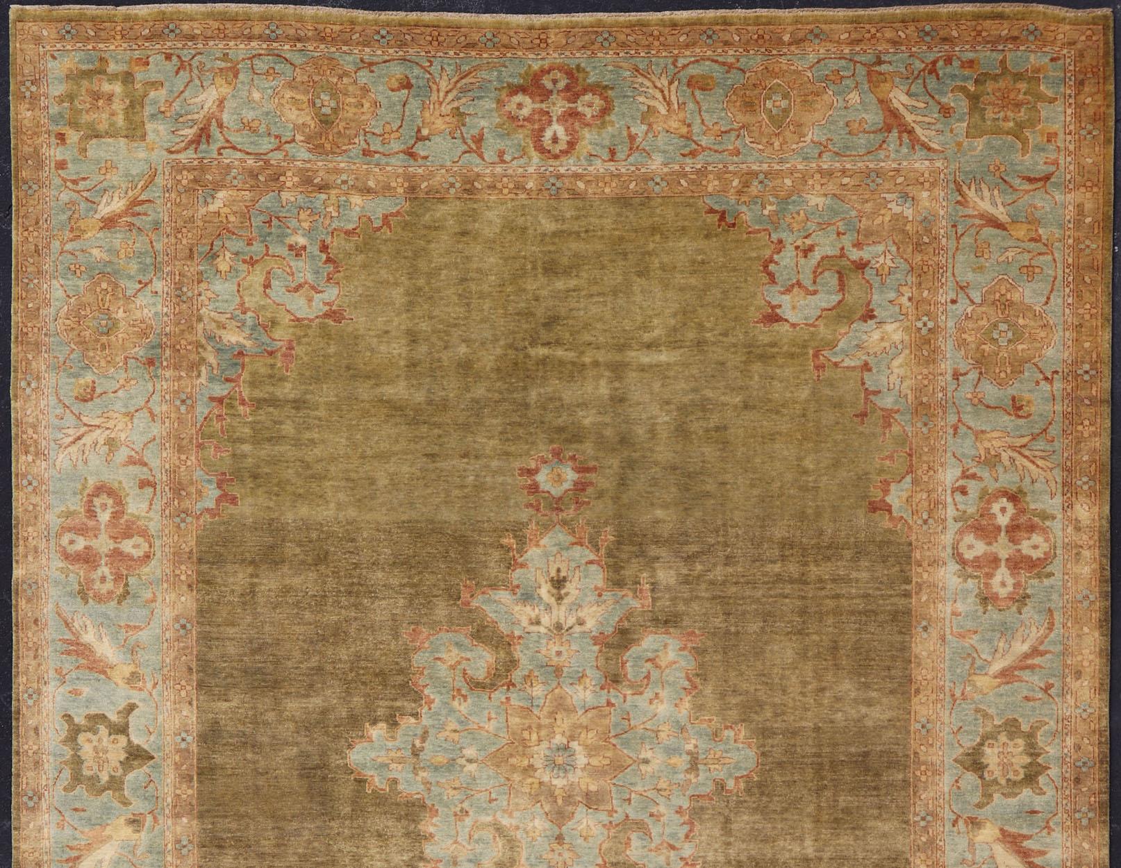 Wool Keivan Woven Arts Green and Blue Medallion Oushak Rug  9'10 x 14'2 For Sale