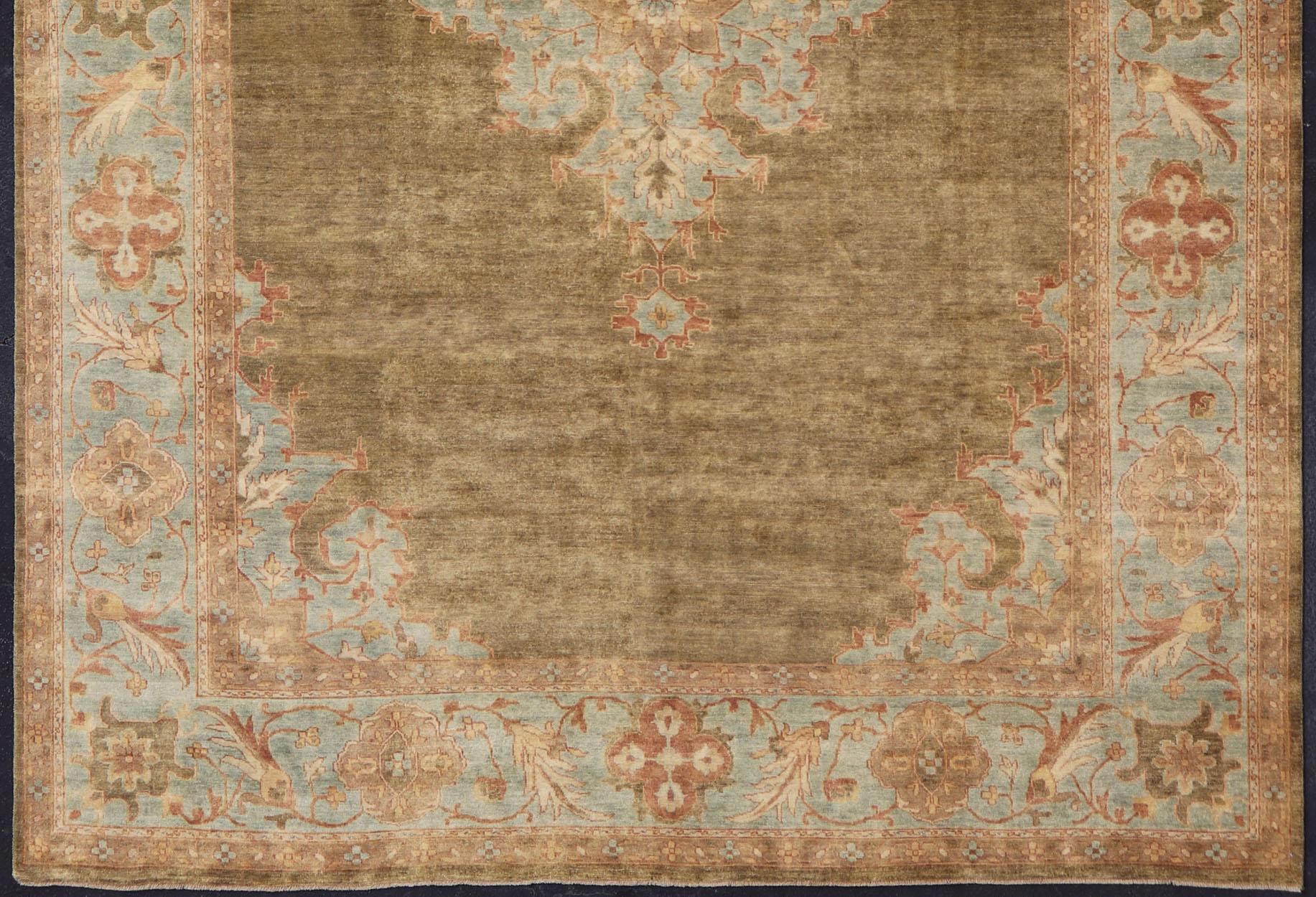 Keivan Woven Arts Green and Blue Medallion Oushak Rug  9'10 x 14'2 For Sale 2