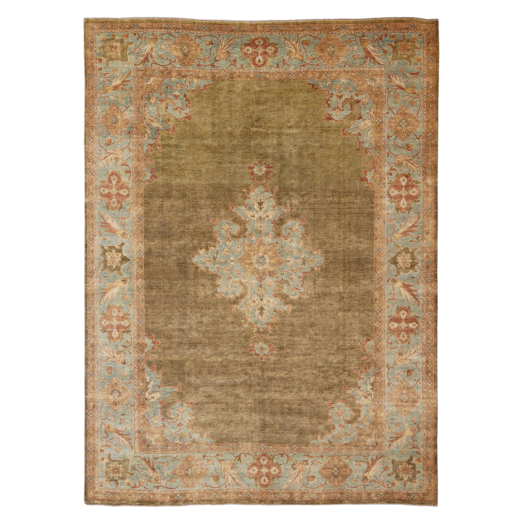 Tappeto Keivan Woven Arts con medaglione verde e blu di Oushak  9'10 x 14'2