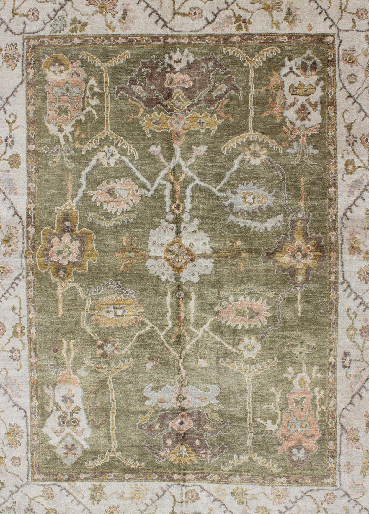 Wool Keivan Woven Arts Green Colored Oushak Rug With All Over Design For Sale