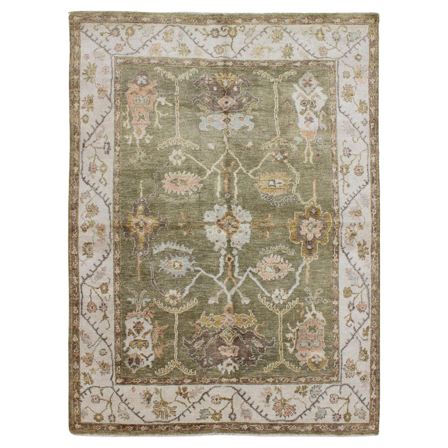 Keivan Woven Arts Green Colored Oushak Rug With All Over Design For Sale
