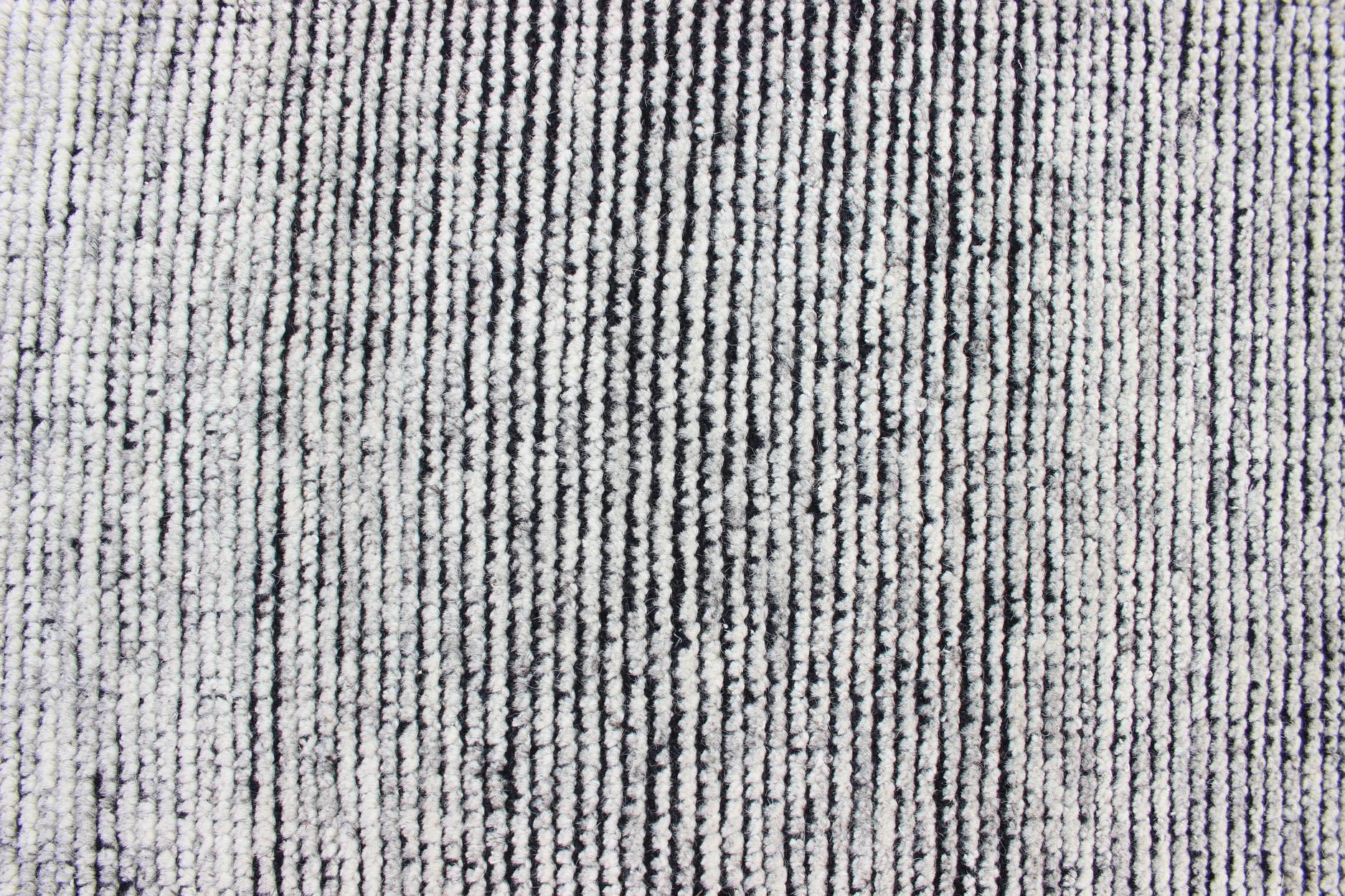 Wool Keivan Woven Arts Hand-Knotted Modern distressed in Black and White 9'2 x 11'10 For Sale