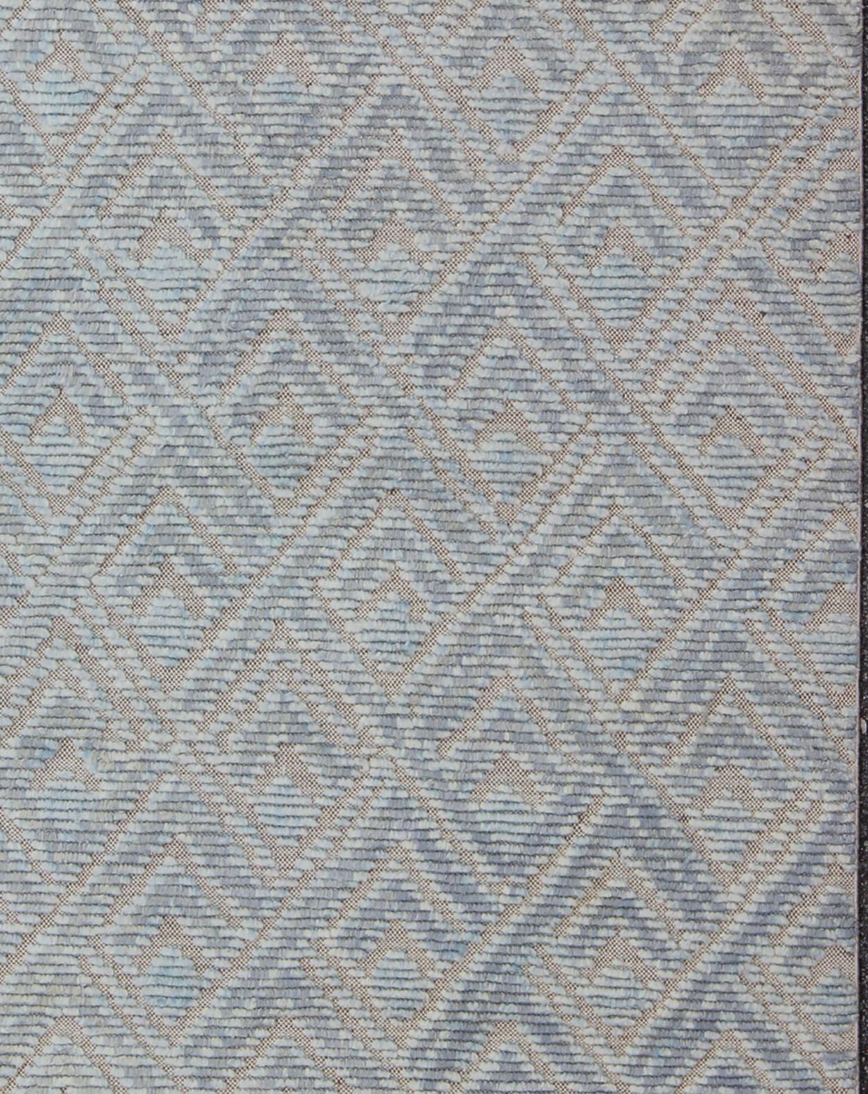 Modern Keivan Woven Arts Hi-Low pile in Moroccan Design with  Light Blue  For Sale