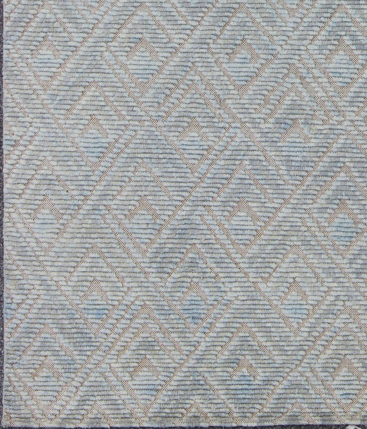 Hand-Knotted Keivan Woven Arts Hi-Low pile in Moroccan Design with  Light Blue  For Sale