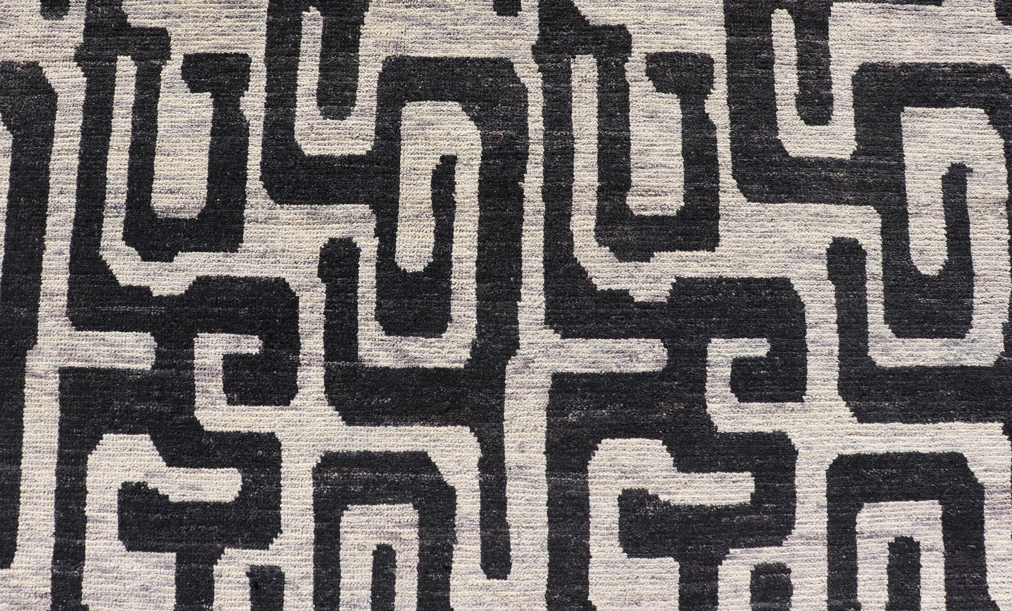 Hand-Knotted Keivan Woven Arts Large modern rug with diamond pattern in Black and off white For Sale