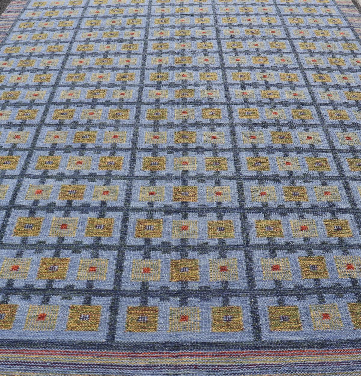 Keivan Woven Arts Large Modern Scandinavian/Swedish Geometric Design Rug. Keivan Woven Arts / rug RJK-24231-SHB-009-13, country of origin / type: India / Scandinavian flat-weave.
Measures: 10'5 x 13'9
This Scandinavian flat-weave patterned rug is