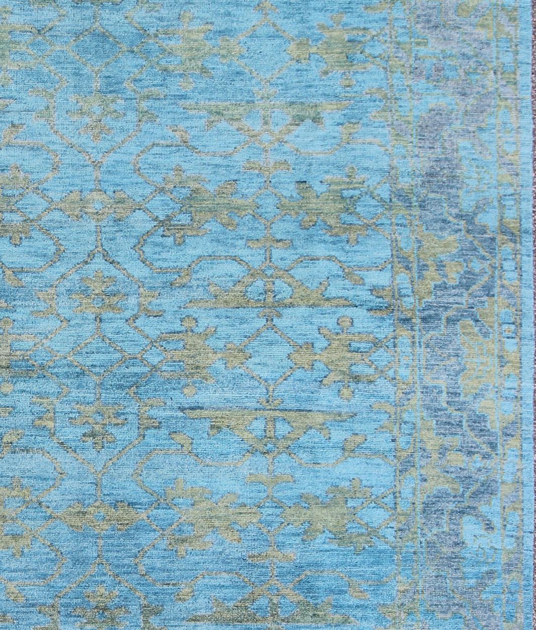 Indian Keivan Woven Arts Large Oushak Design Rug in Blue, Gray and Yellow Green For Sale