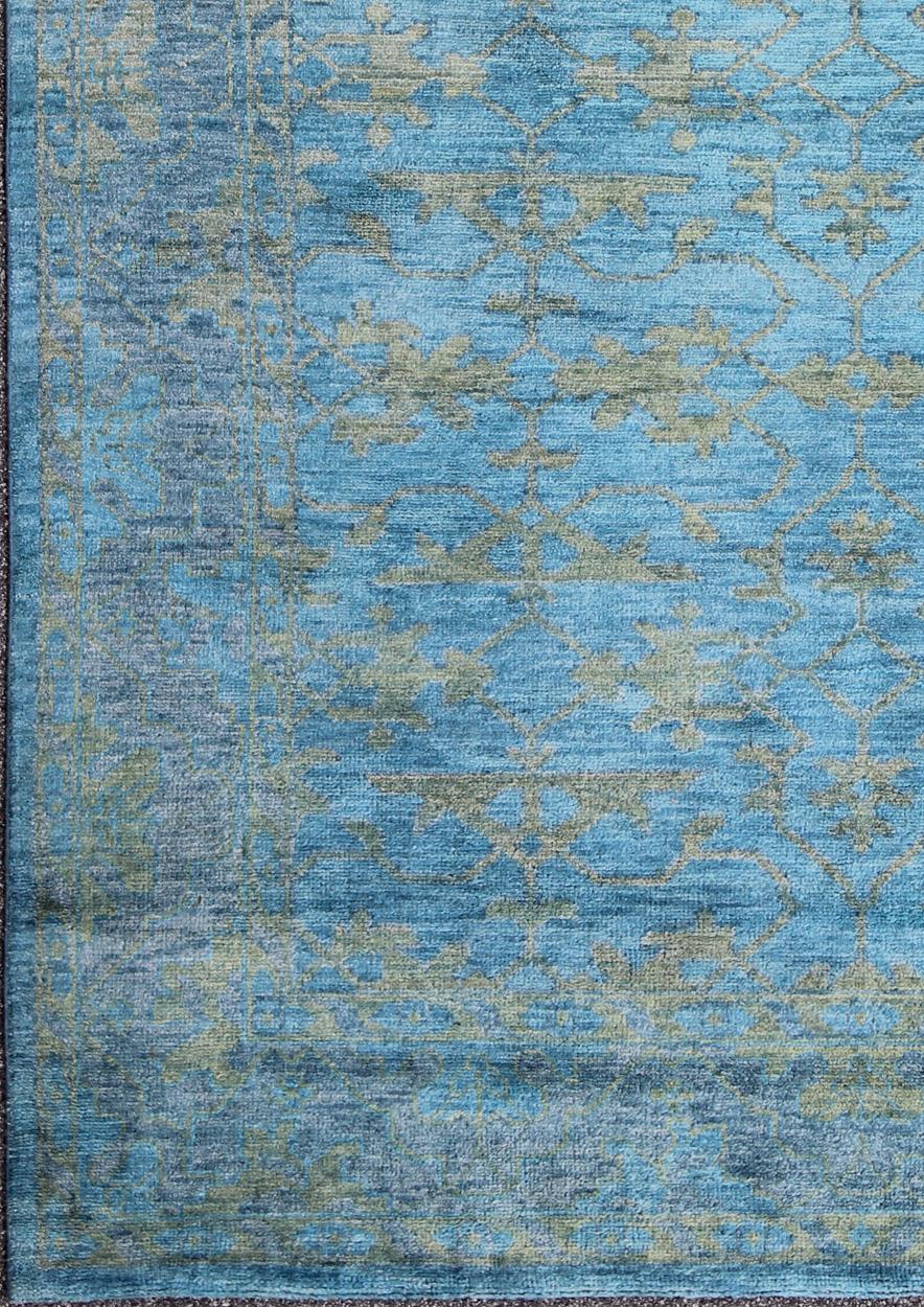 Hand-Knotted Keivan Woven Arts Large Oushak Design Rug in Blue, Gray and Yellow Green For Sale