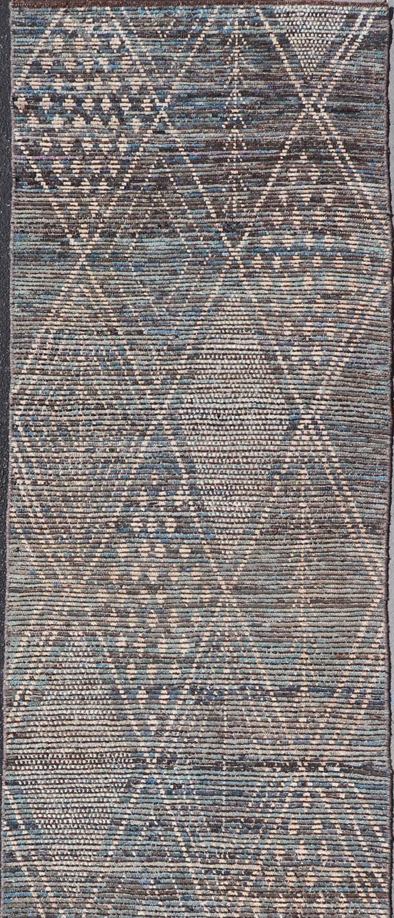 Hand-Knotted Keivan Woven Arts Modern Long Runner in All-Over Tribal Design For Sale