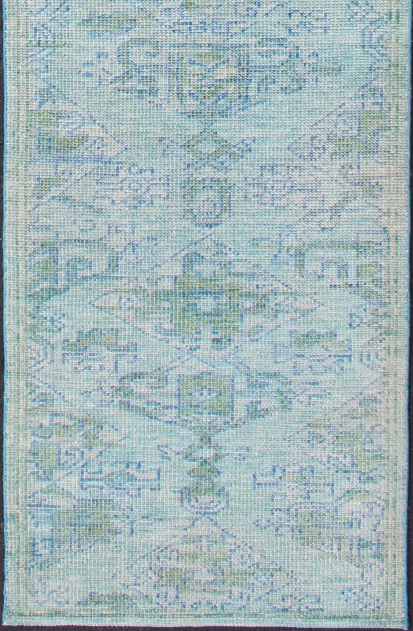Hand-Knotted Keivan Woven Arts Modern Oushak Design Runner in Blue, Green, and Yellow Green