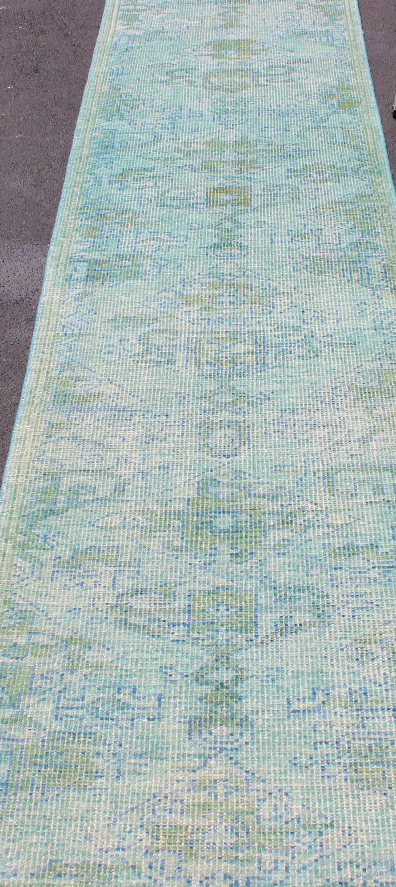 Keivan Woven Arts Modern Oushak Design Runner in Blue, Green, and Yellow Green In Excellent Condition In Atlanta, GA