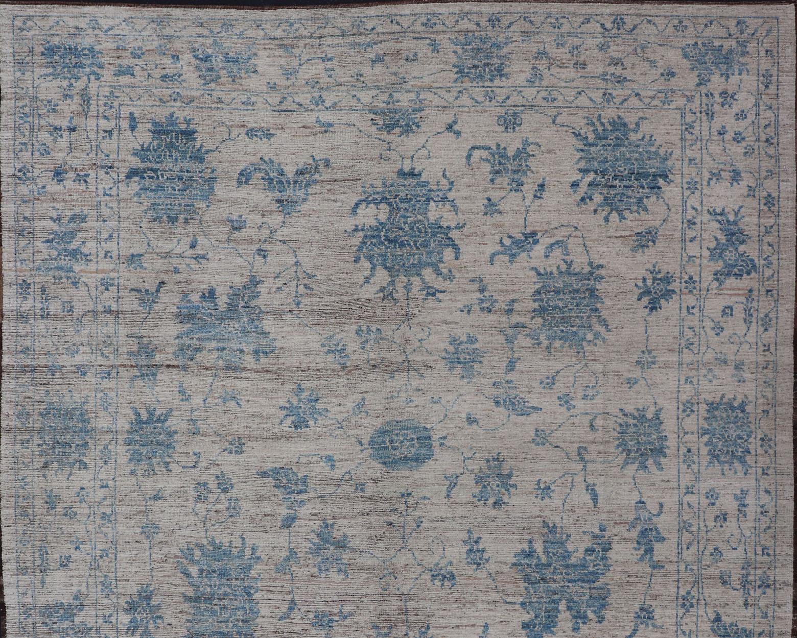 Wool Keivan Woven Arts Modern Oushak rug in light blue and off white  For Sale