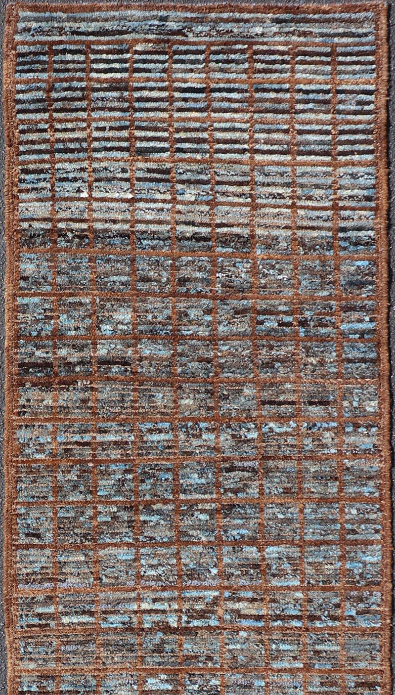 Afghan Keivan Woven Arts Modern runner in distressed Moroccan Squared design with Blue For Sale