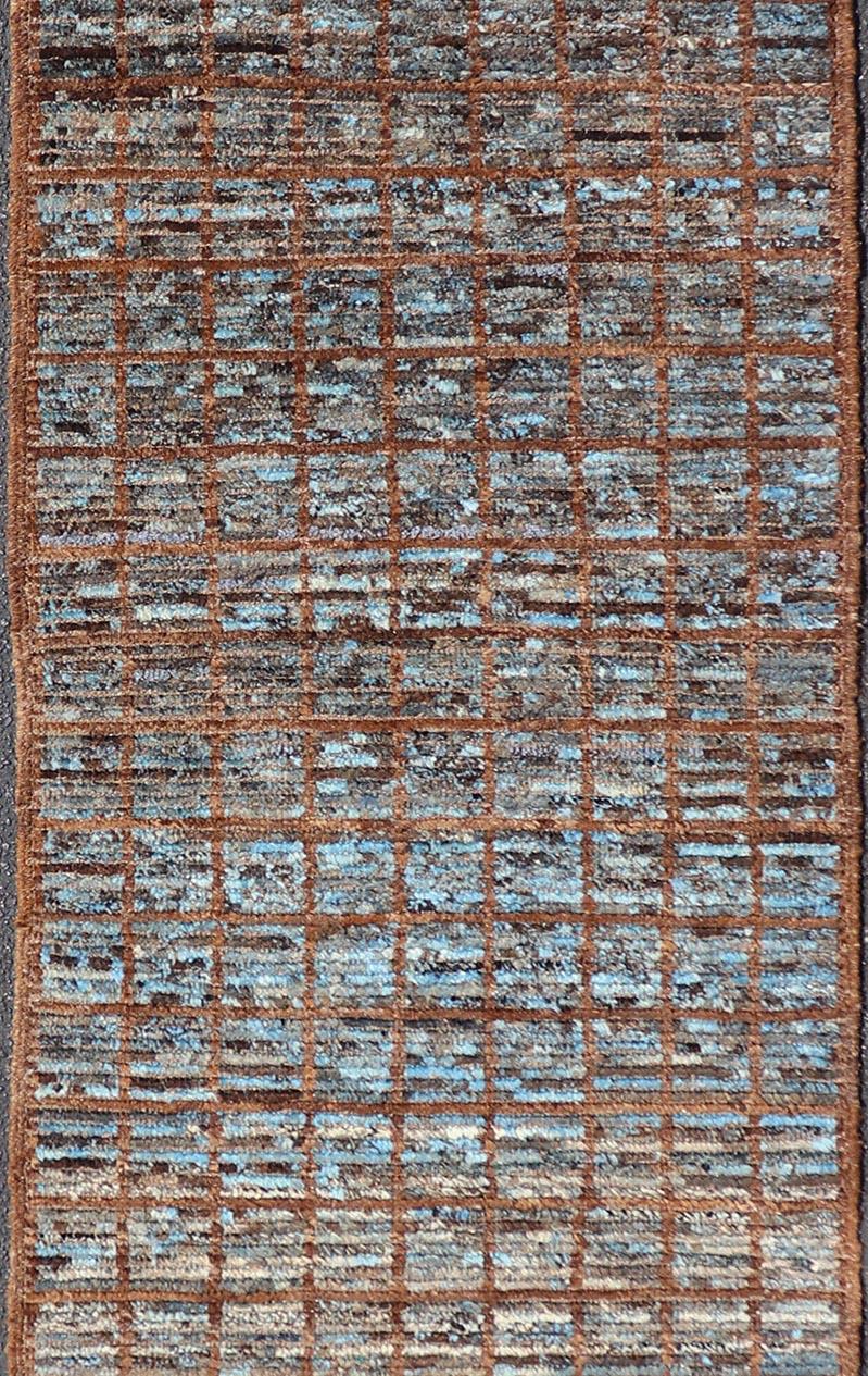 Hand-Knotted Keivan Woven Arts Modern runner in distressed Moroccan Squared design with Blue For Sale
