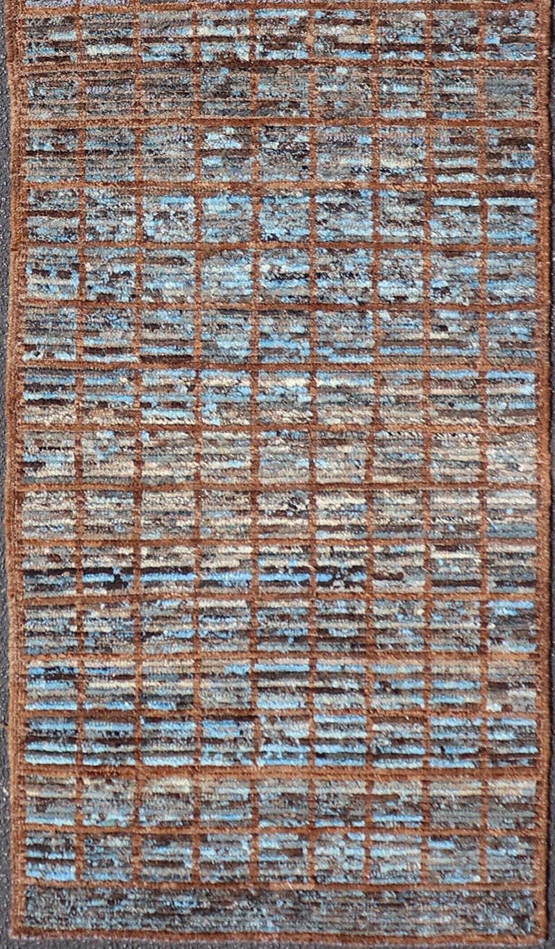 Keivan Woven Arts Modern runner in distressed Moroccan Squared design with Blue In New Condition For Sale In Atlanta, GA