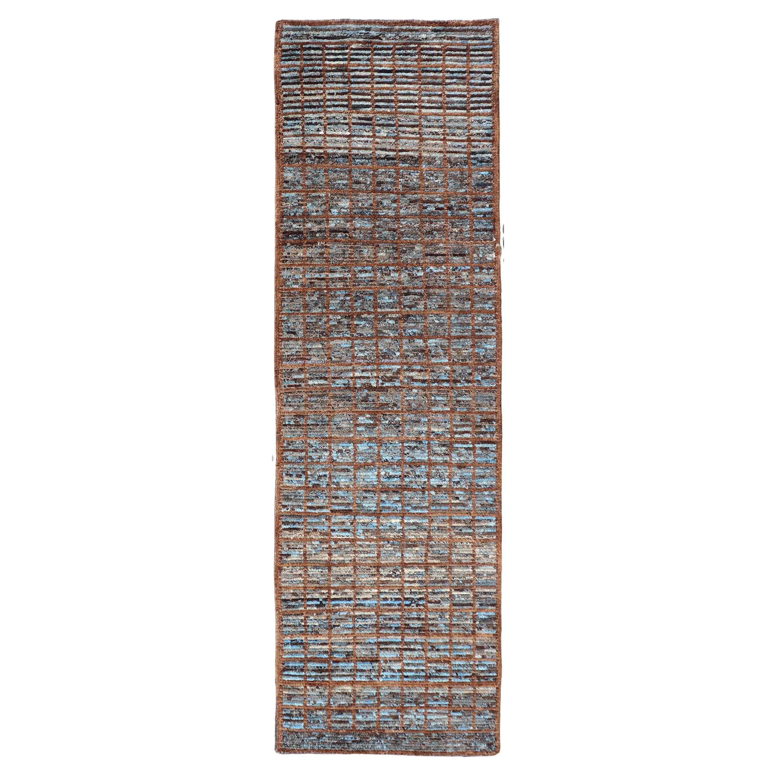 Keivan Woven Arts Modern runner in distressed Moroccan Squared design with Blue For Sale