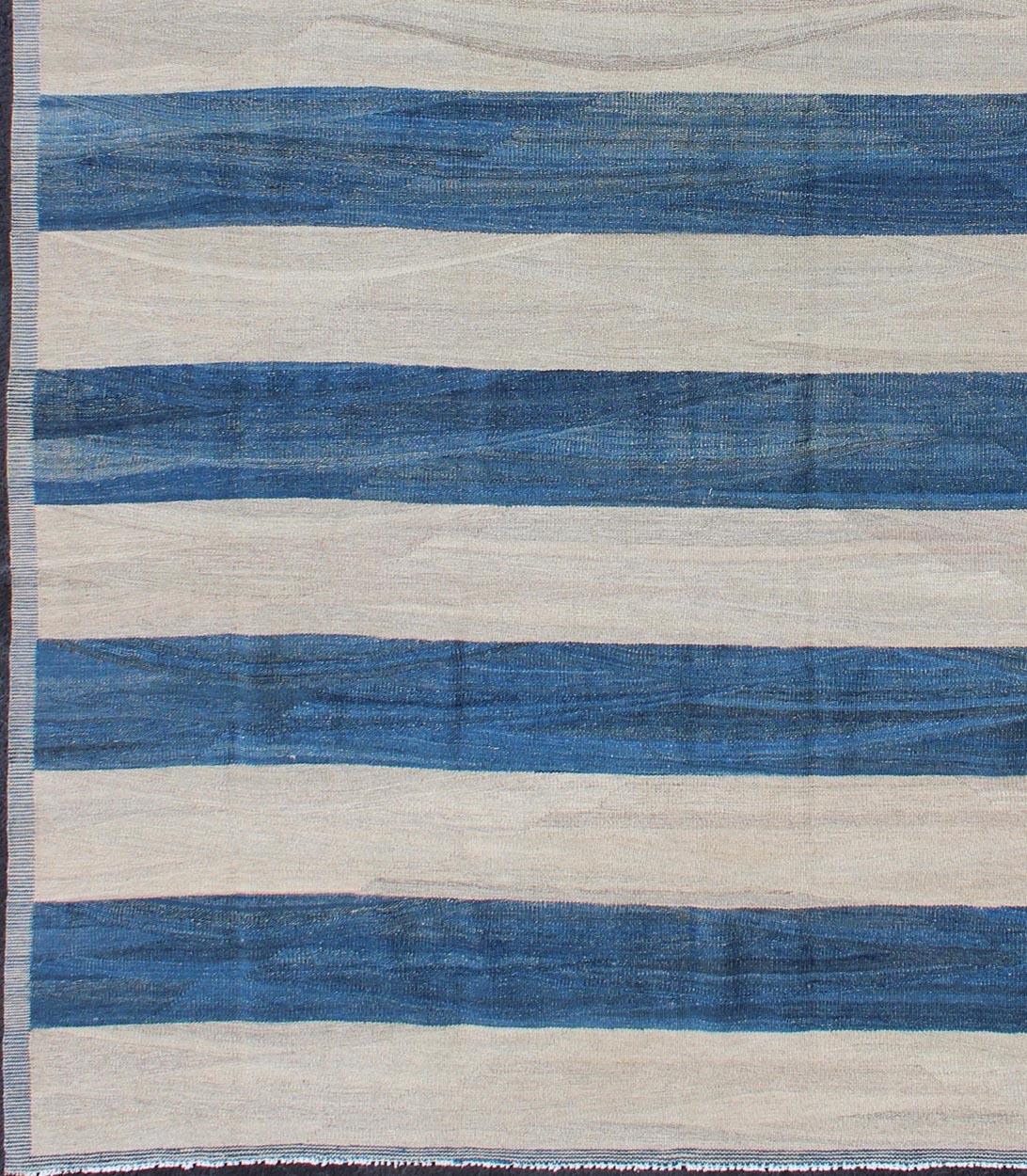 Keivan Woven Arts Modern Stripe Patterned Kilim in Blue and Ivory For Sale 4