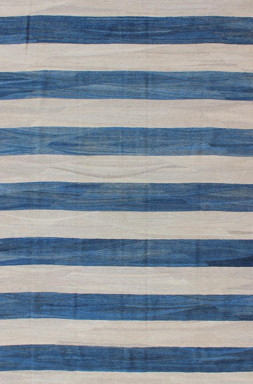 Keivan Woven Arts Modern Stripe Patterned Kilim in Blue and Ivory For Sale 5