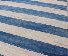 Keivan Woven Arts Modern Stripe Patterned Kilim in Blue and Ivory
