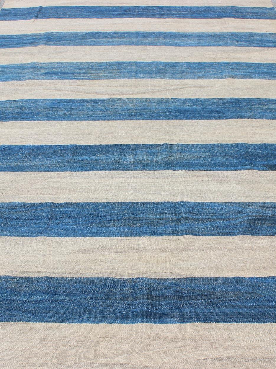 Afghan Keivan Woven Arts Modern Stripe Patterned Kilim in Blue and Ivory For Sale