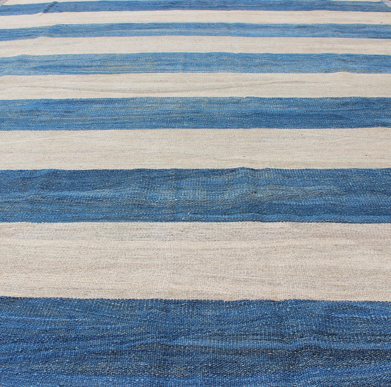 Hand-Woven Keivan Woven Arts Modern Stripe Patterned Kilim in Blue and Ivory For Sale