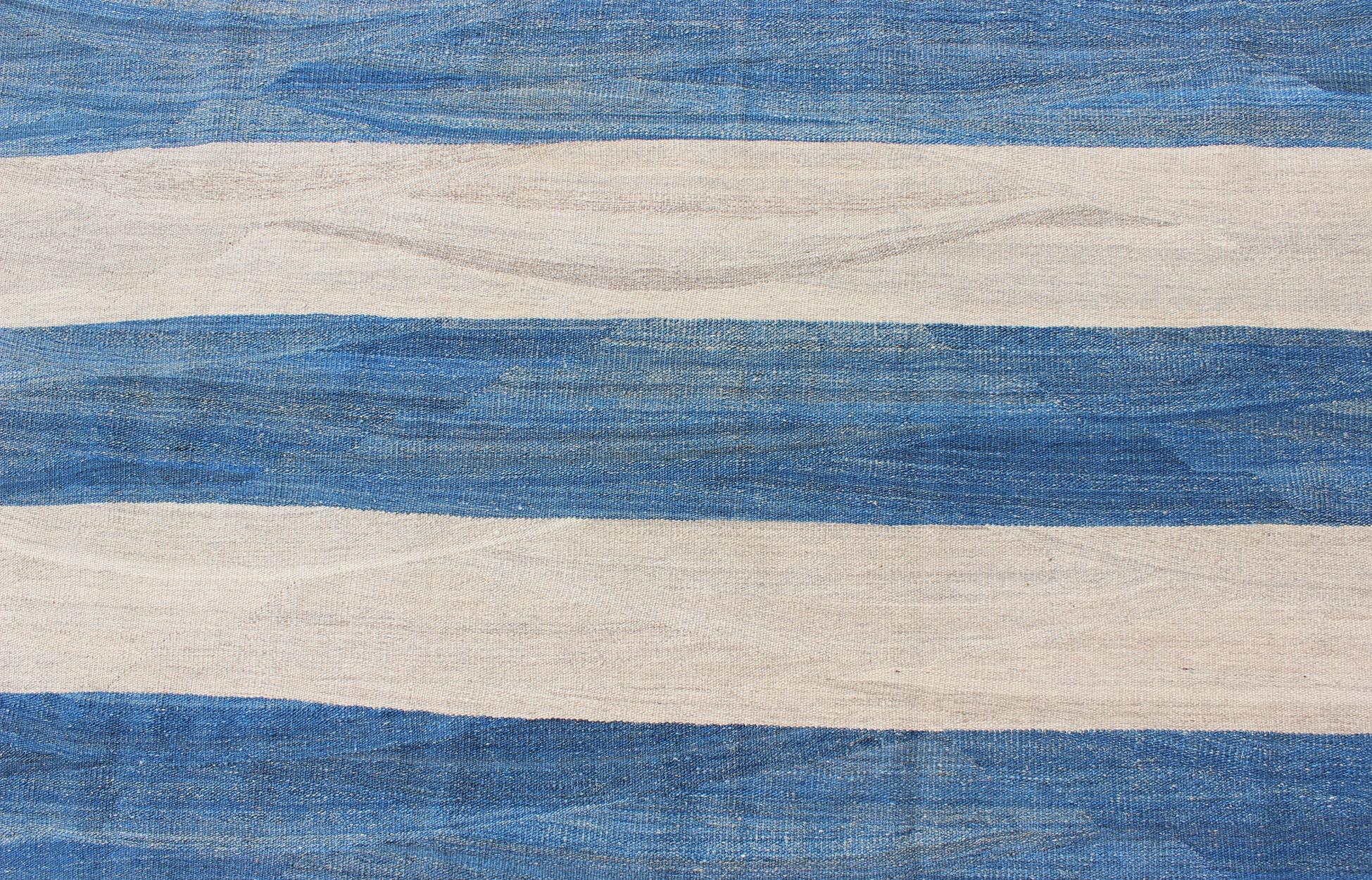 Keivan Woven Arts Modern Stripe Patterned Kilim in Blue and Ivory In Excellent Condition For Sale In Atlanta, GA