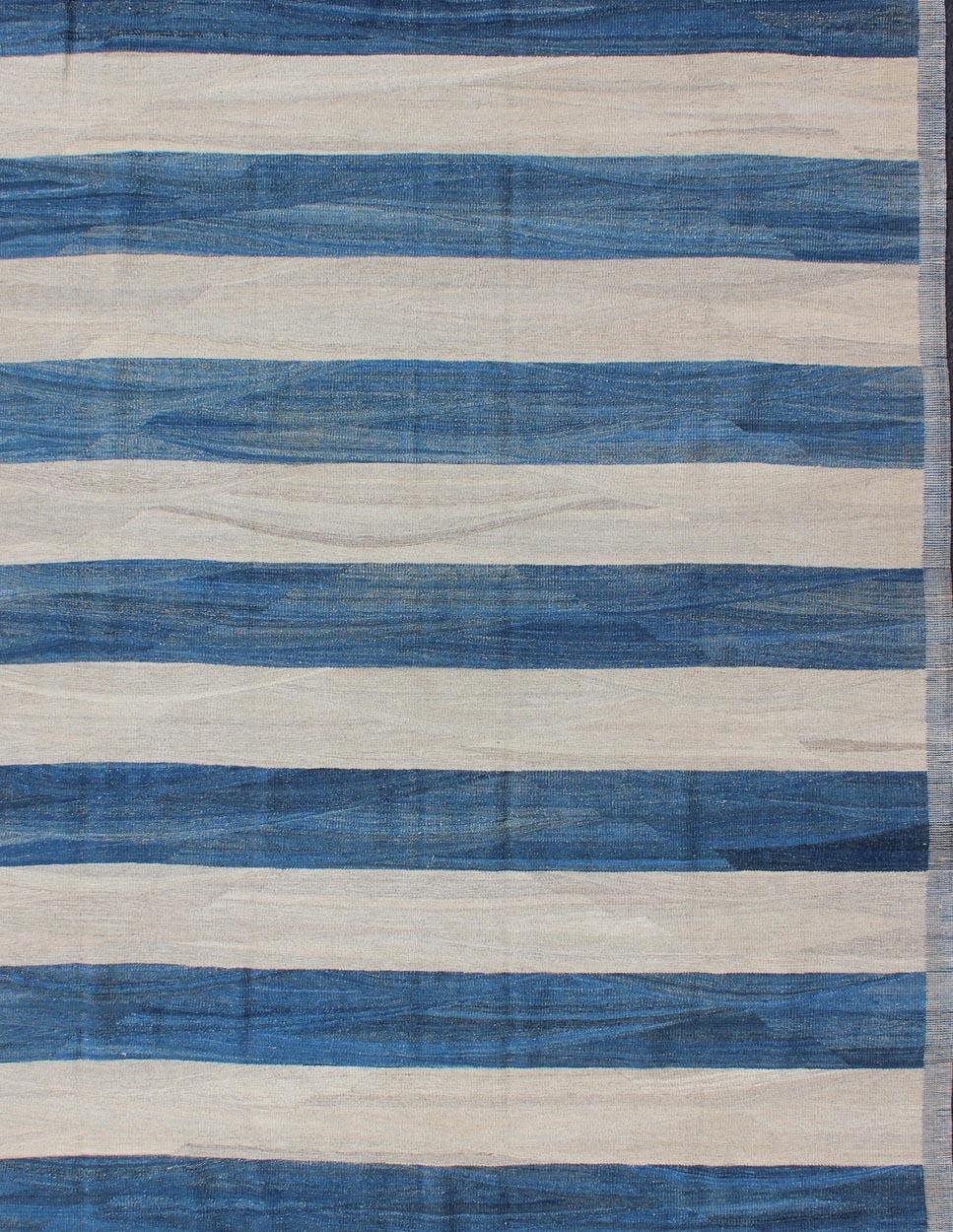 Keivan Woven Arts Modern Stripe Patterned Kilim in Blue and Ivory For Sale 2