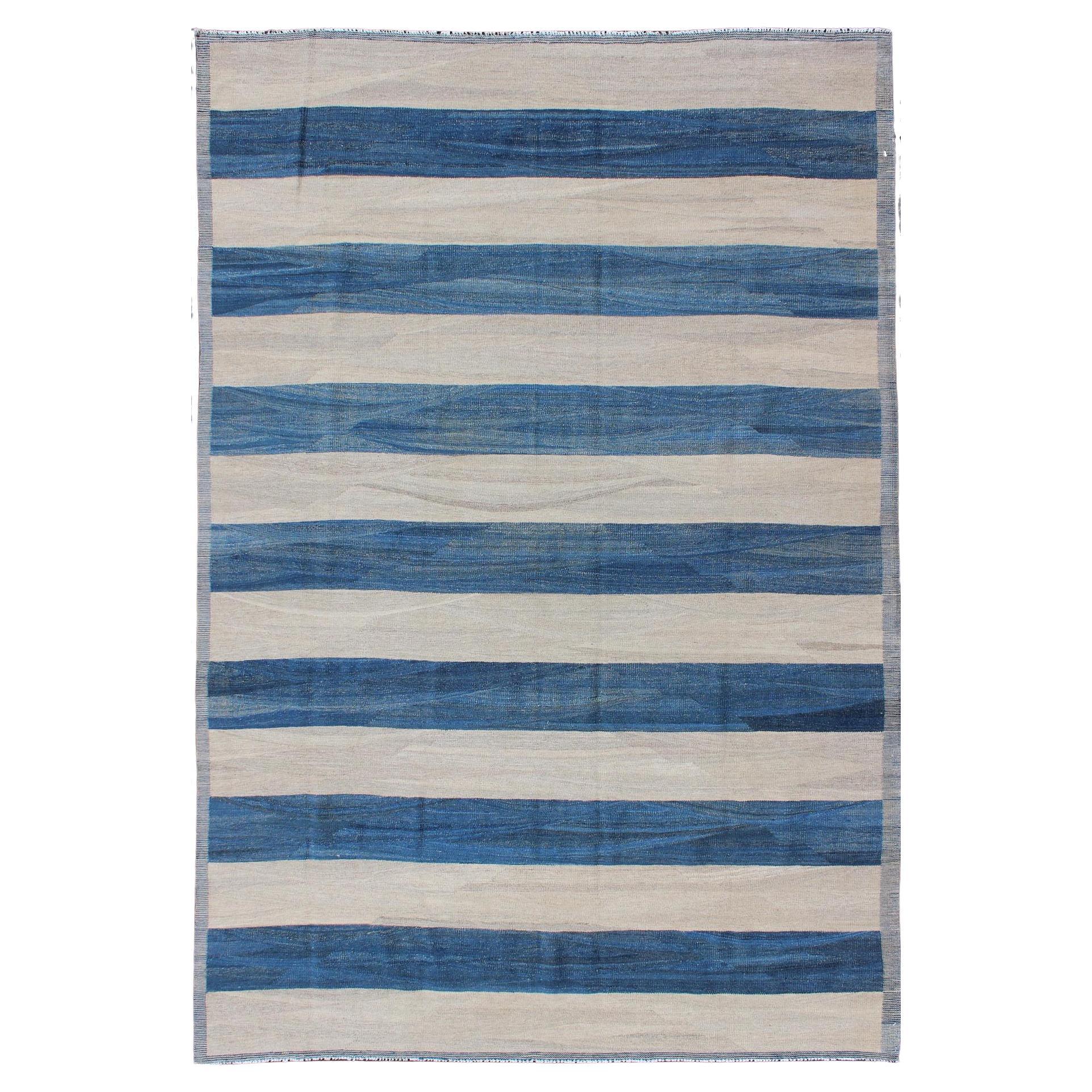 Keivan Woven Arts Modern Stripe Patterned Kilim in Blue and Ivory For Sale