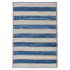 Keivan Woven Arts Modern Stripe Patterned Kilim in Blue and Ivory