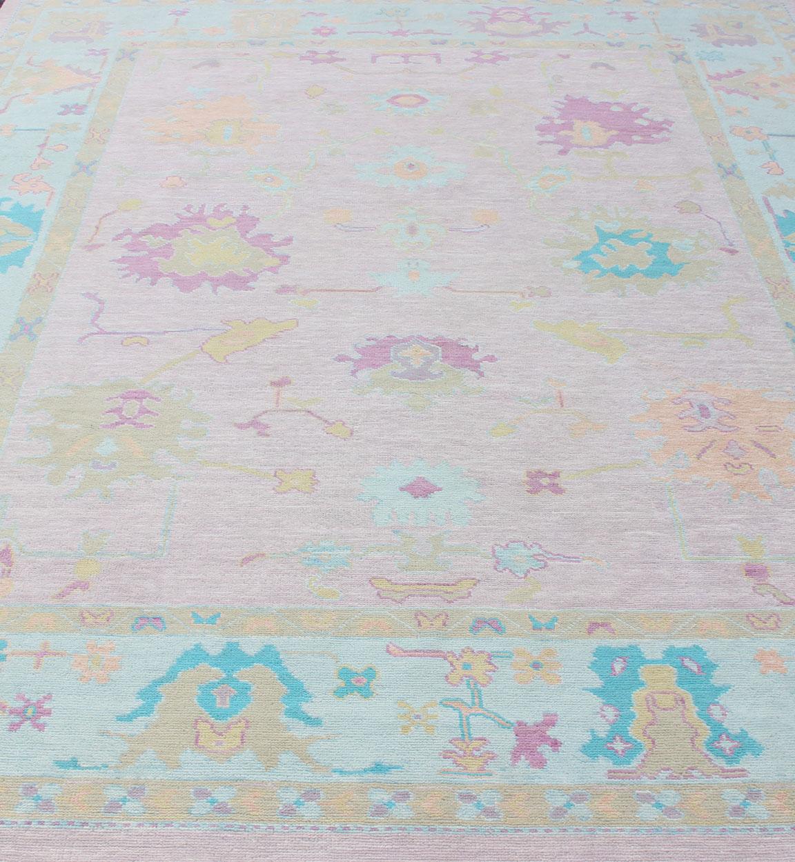 Keivan Woven Arts Moderne Wolle Oushak Teppich In Rosa Eis Blau Grenze  9'5 x 12'1 im Angebot 6