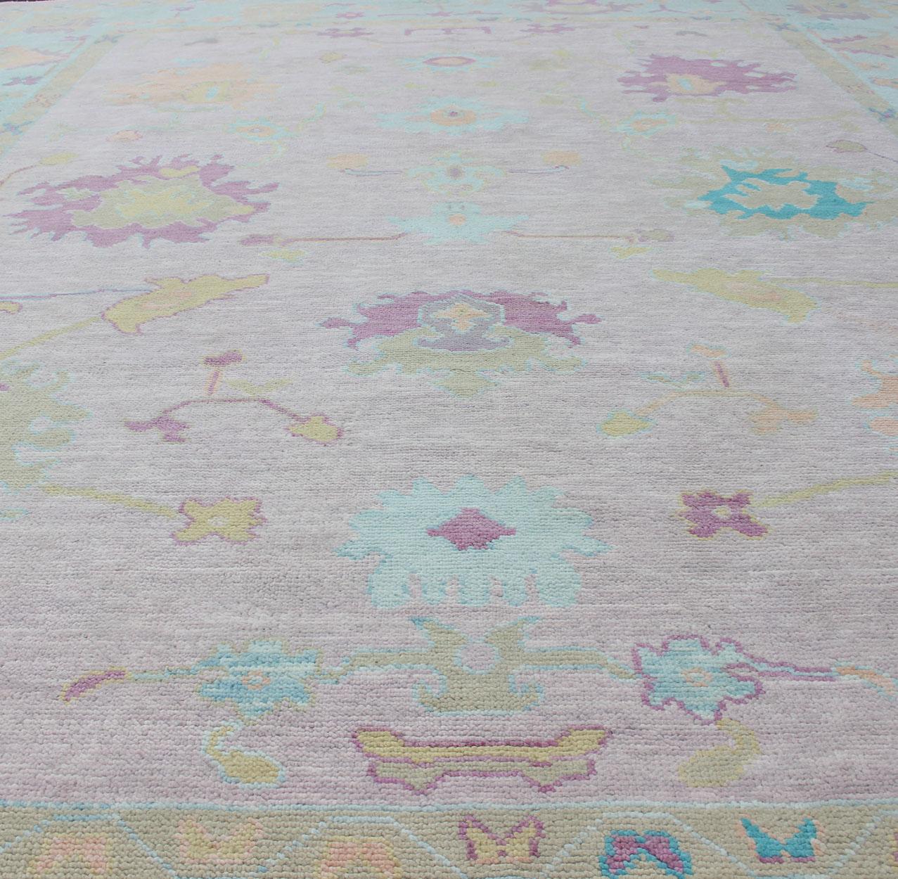 Keivan Woven Arts Moderne Wolle Oushak Teppich In Rosa Eis Blau Grenze  9'5 x 12'1 im Angebot 7