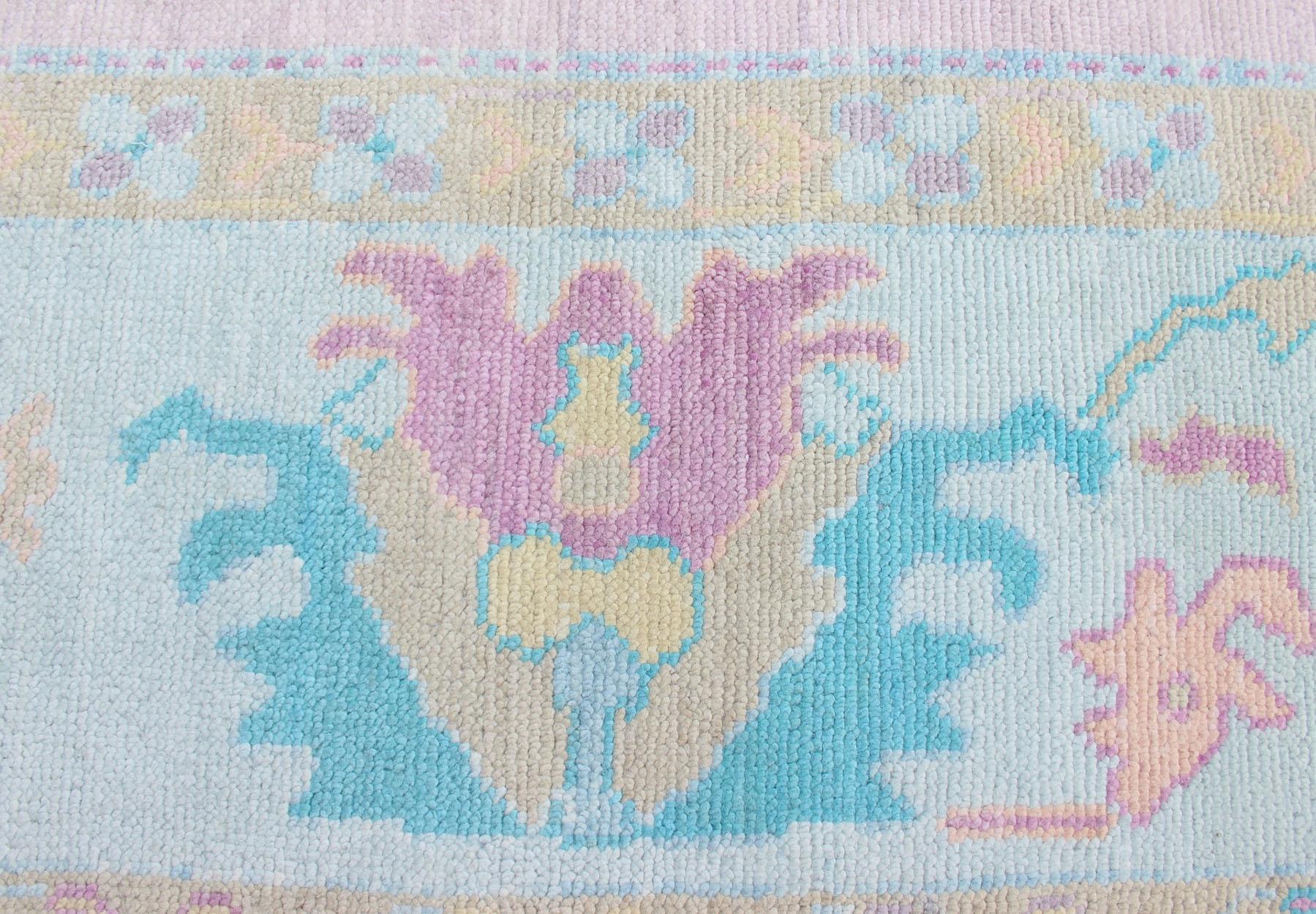 Hand-Knotted Keivan Woven Arts Modern Wool Oushak Rug In Pink Ice Blue Border  9'5 x 12'1 For Sale