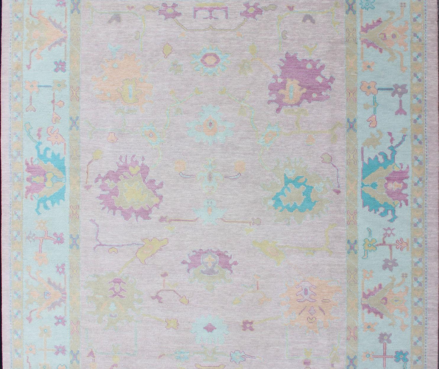 Keivan Woven Arts Moderne Wolle Oushak Teppich In Rosa Eis Blau Grenze  9'5 x 12'1 im Angebot 2