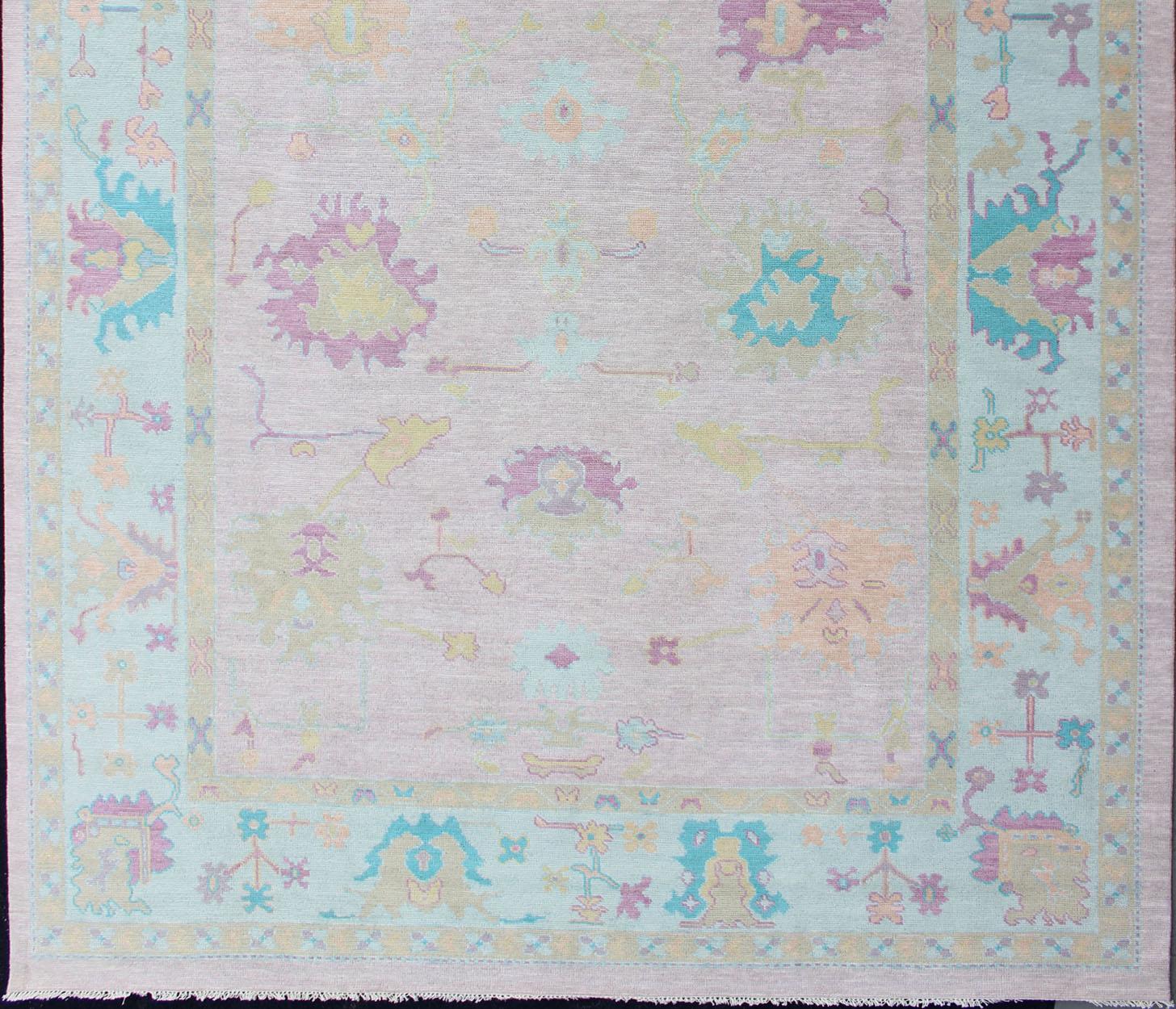 Keivan Woven Arts Modern Wool Oushak Rug In Pink Ice Blue Border  9'5 x 12'1 For Sale 3